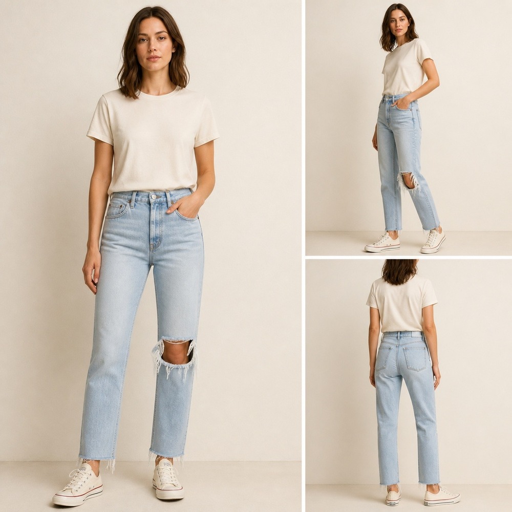 RE/DONE 80s Slim Straight Jeans 27 Light Wash Distressed Cotton Blend